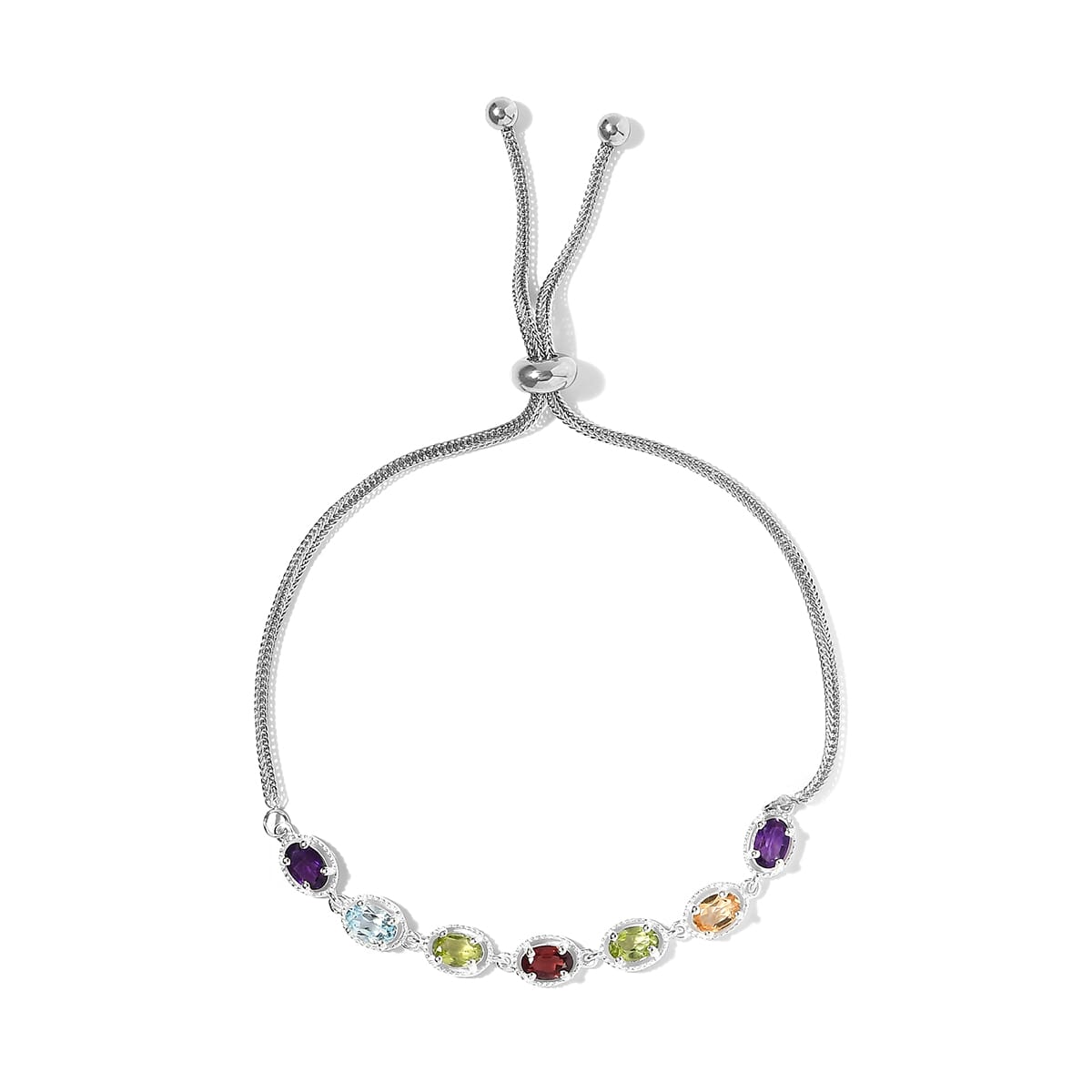 Stainless Steel & Sterling Silver Multi Gemstone Bolo Bracelet, Adjustable Bracelet for Women 3.25 ctw image number 0