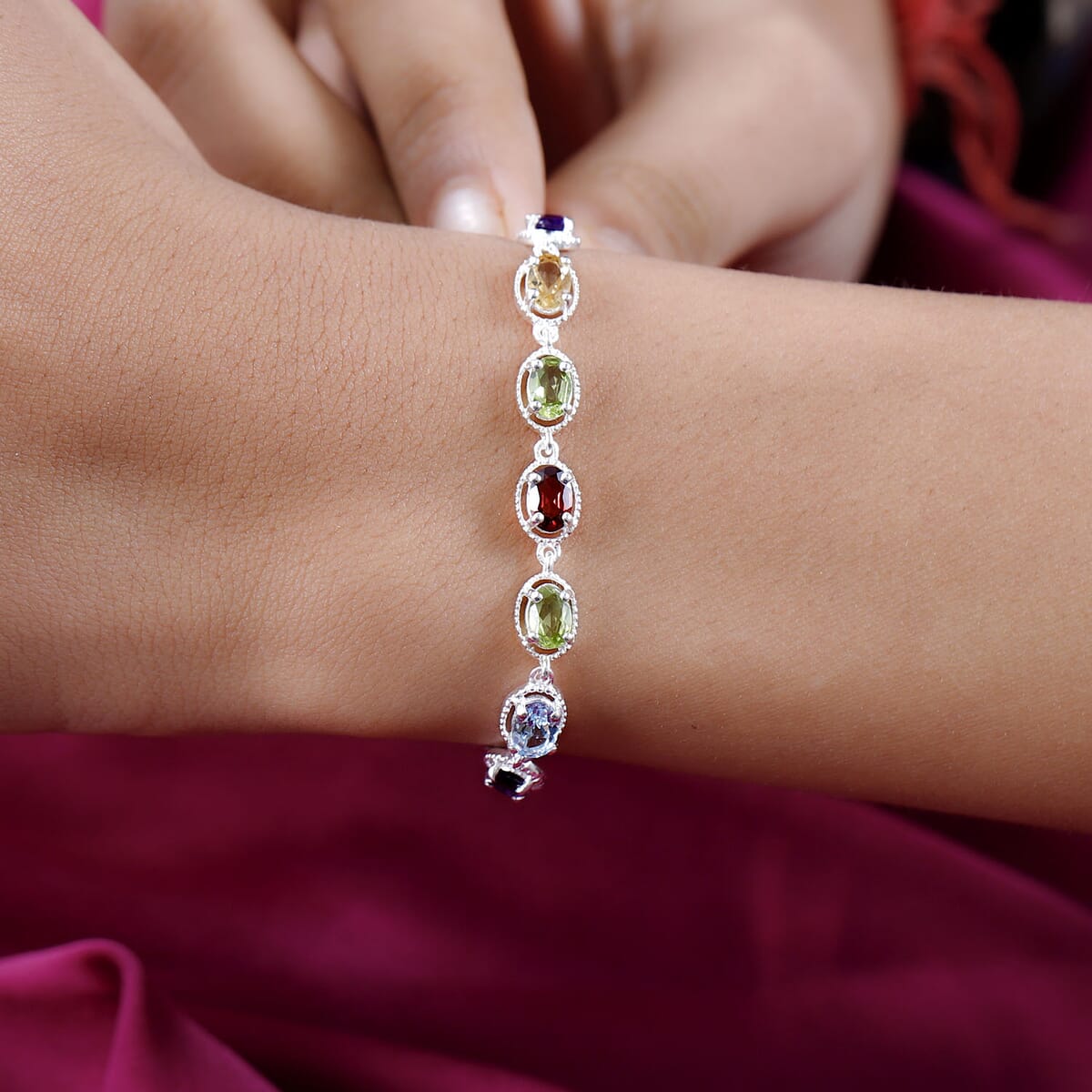 Stainless Steel & Sterling Silver Multi Gemstone Bolo Bracelet, Adjustable Bracelet for Women 3.25 ctw image number 1