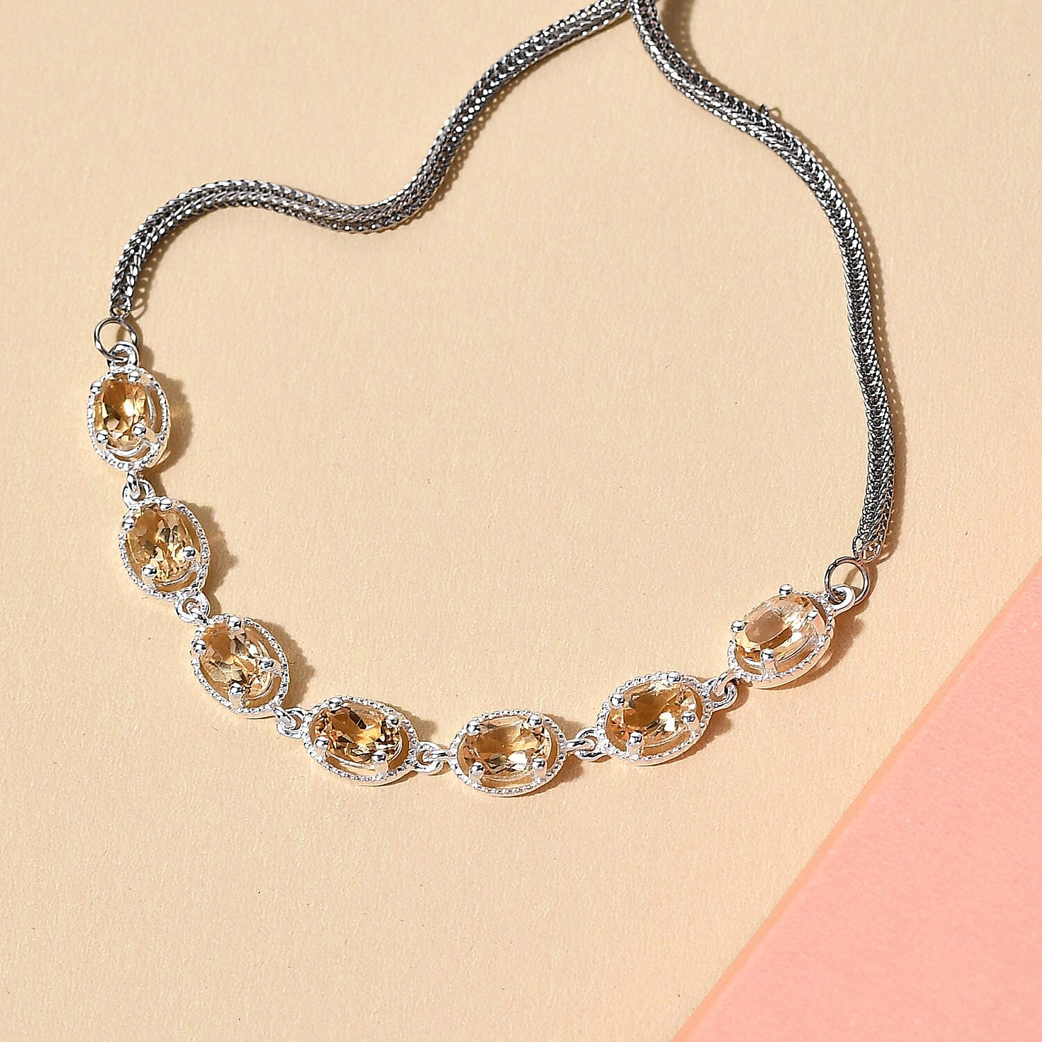 D'Joy Brazilian Citrine Bracelet in Stainless Steel Sterling Silver, Adjustable Bolo Bracelet, Jewelry For Women 2.90 ctw