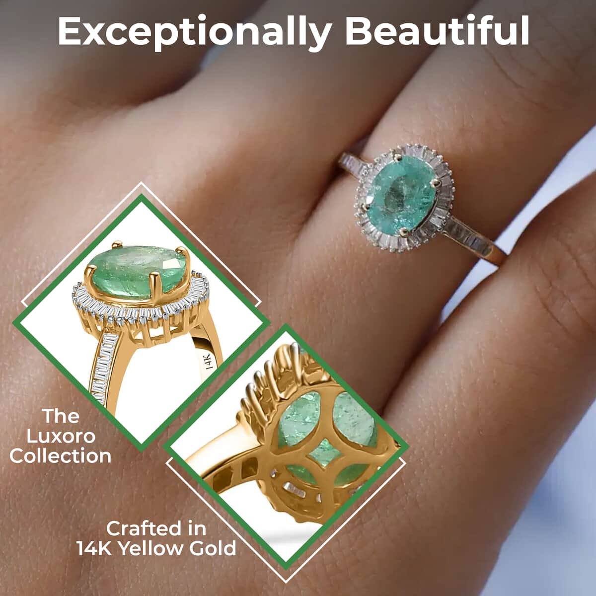 Luxoro Boyaca Colombian Emerald Ring, 14K Yellow Gold Ring, Diamond Halo Ring, Emerald Halo Ring, Halo Engagement Ring For Women 1.40 ctw (Size 7) image number 2