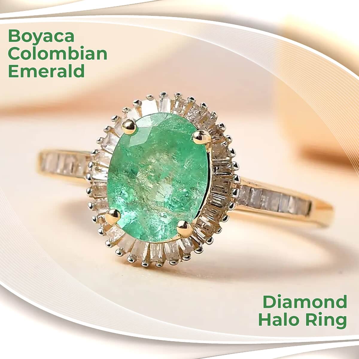 Luxoro Boyaca Colombian Emerald and G-H I3 Diamond 1.40 ctw Halo Ring in 14K Yellow Gold (Size 10.0) image number 1