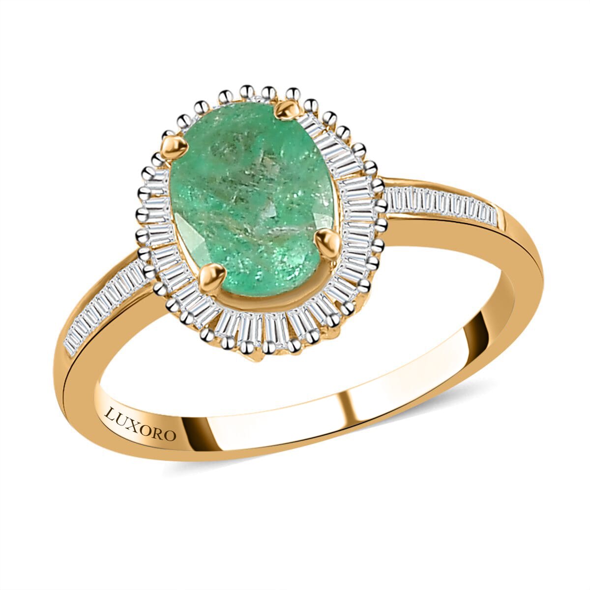 Luxoro Boyaca Colombian Emerald and G-H I3 Diamond 1.40 ctw Halo Ring in 14K Yellow Gold (Size 11.0) image number 0