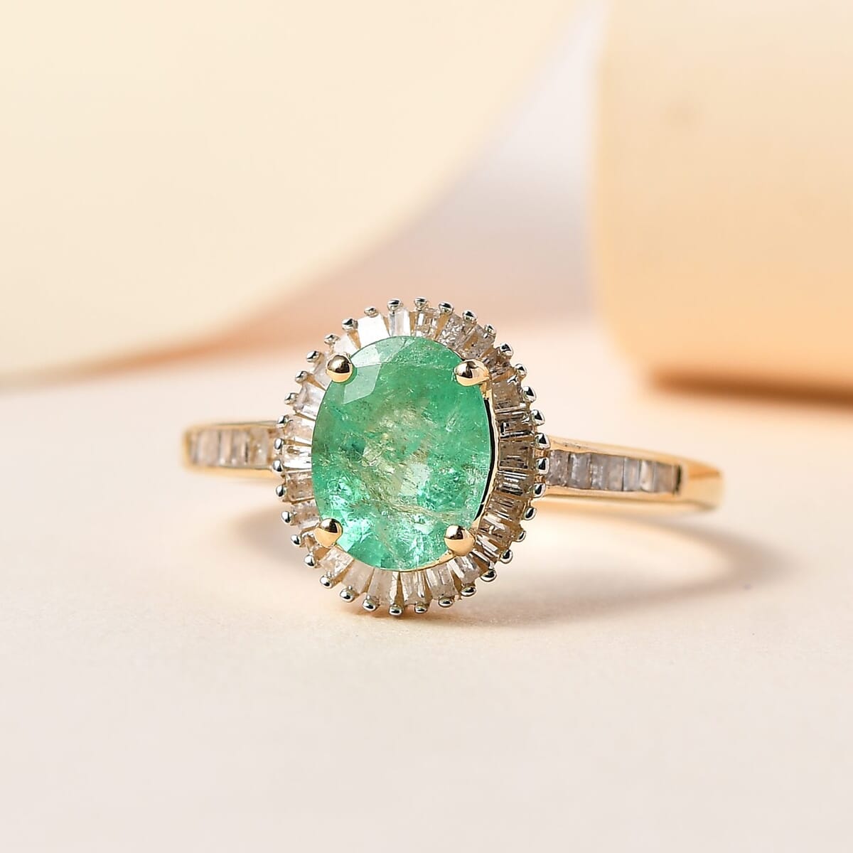 Luxoro Boyaca Colombian Emerald and G-H I3 Diamond 1.40 ctw Halo Ring in 14K Yellow Gold (Size 11.0) image number 1