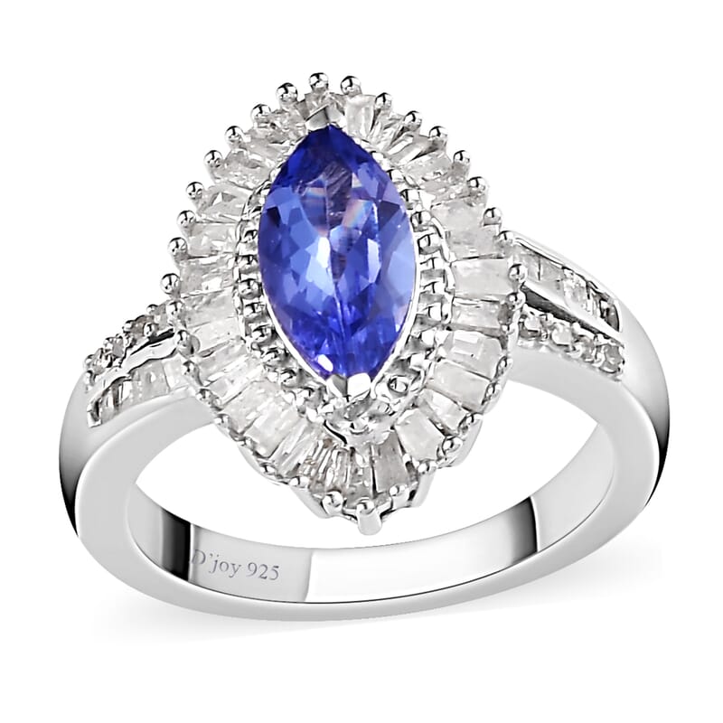 AAA Tanzanite and Diamond Ring in Platinum Over Sterling Silver (Size 10.0) 1.50 ctw