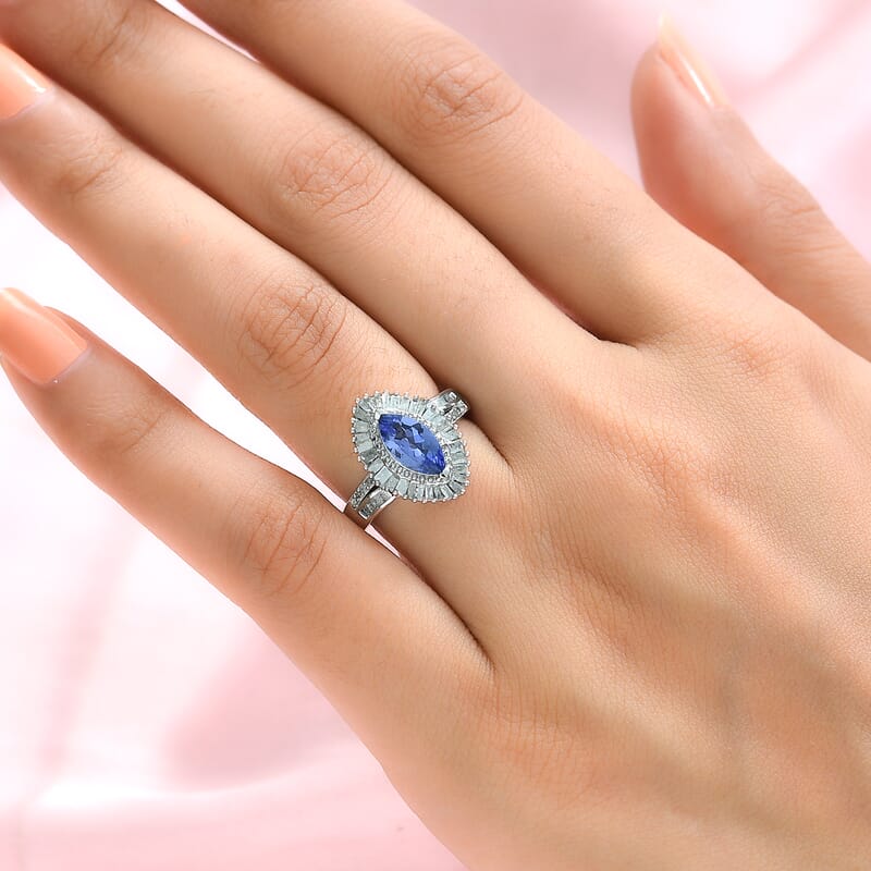 AAA Tanzanite and Diamond Ring in Platinum Over Sterling Silver (Size 10.0) 1.50 ctw
