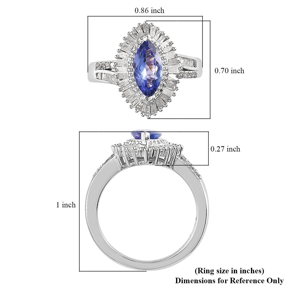 AAA Tanzanite and Diamond Ring in Platinum Over Sterling Silver (Size 10.0) 1.50 ctw