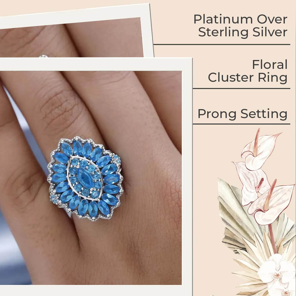 Malgache Neon Apatite Cocktail Ring, Apatite Cluster Ring, Floral Cluster Ring, Platinum Over Sterling Silver Ring 3.85 ctw (Size 10) image number 2