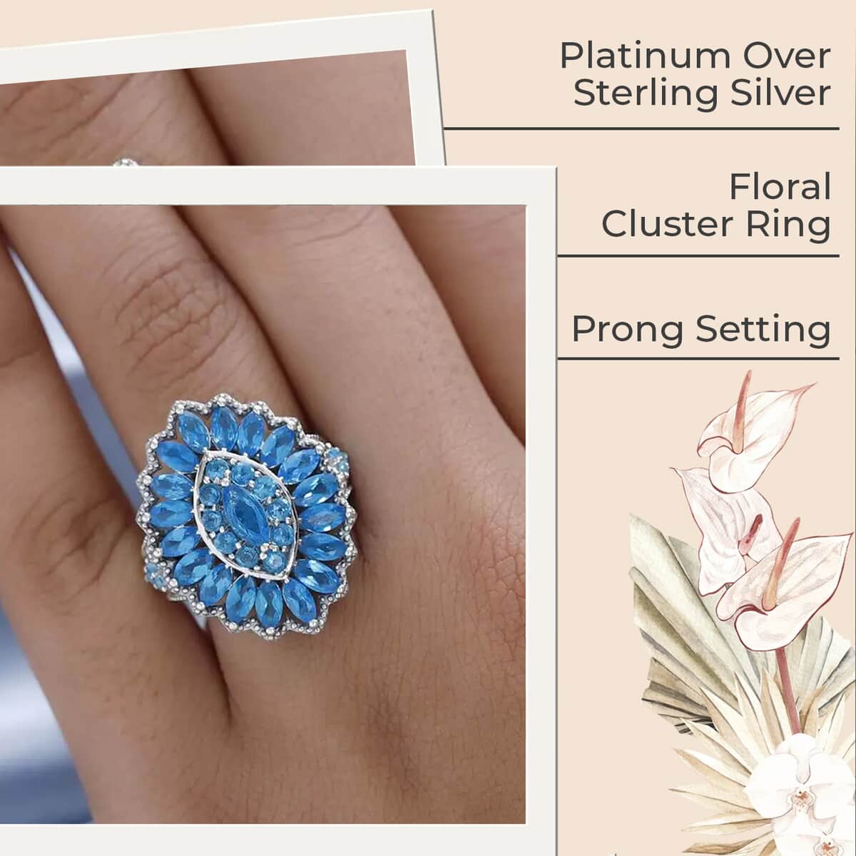 Malgache Neon Apatite 3.85 ctw Cocktail Ring, Apatite Cluster Ring, Floral Cluster Ring, Platinum Over Sterling Silver Ring (Size 9) image number 2
