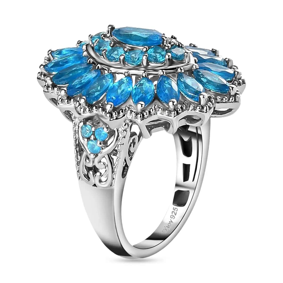 Malgache Neon Apatite 3.85 ctw Cocktail Ring, Apatite Cluster Ring, Floral Cluster Ring, Platinum Over Sterling Silver Ring (Size 9) image number 4