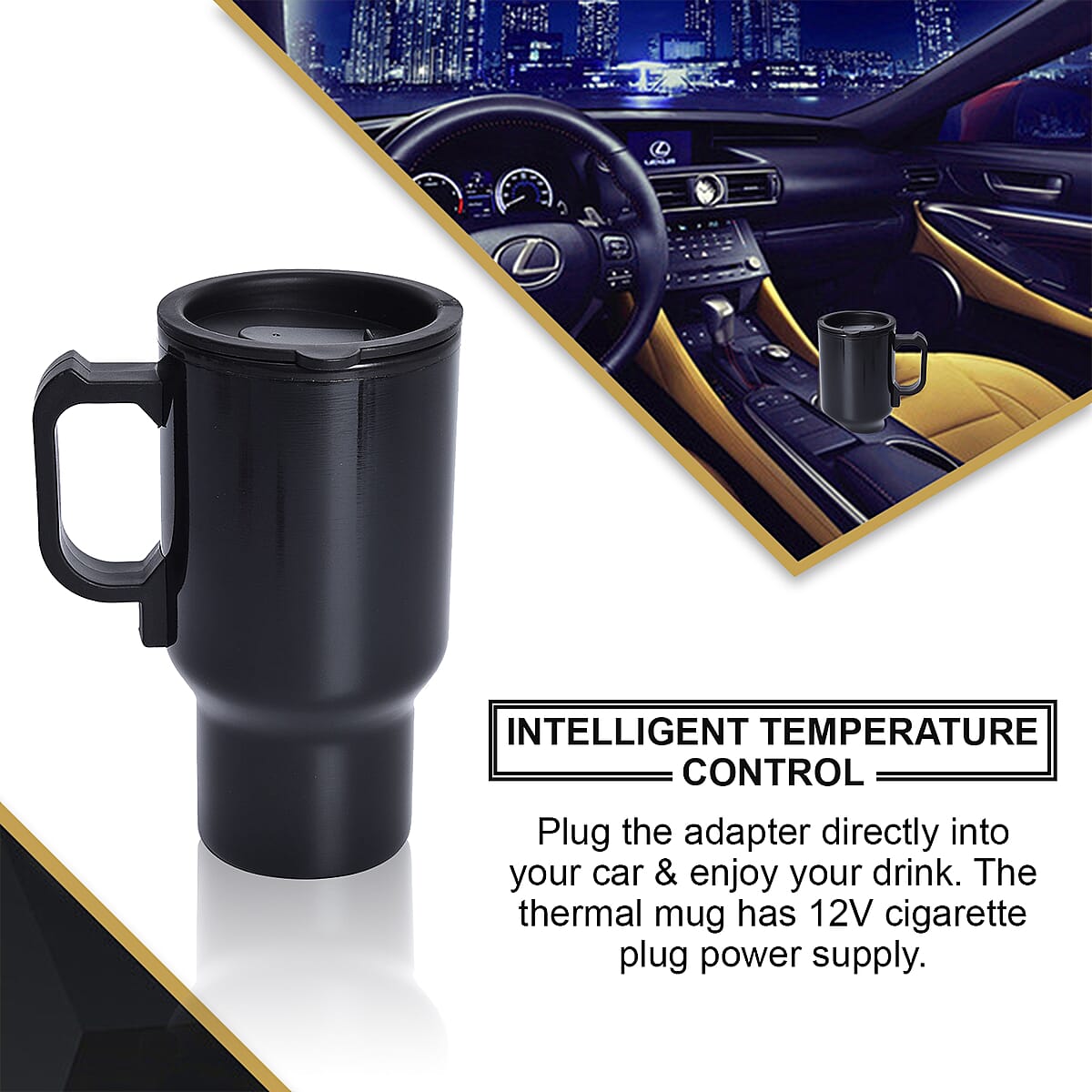 Heated Mug with 12V Car Adapter in Stainless Steel -Black 16 oz image number 2