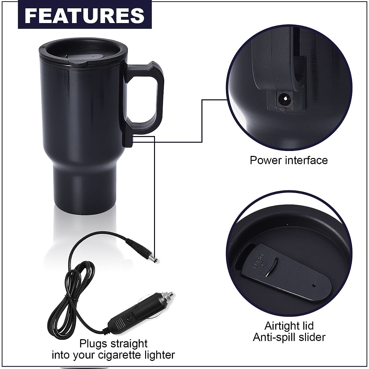 Heated Mug with 12V Car Adapter in Stainless Steel -Black 16 oz image number 3
