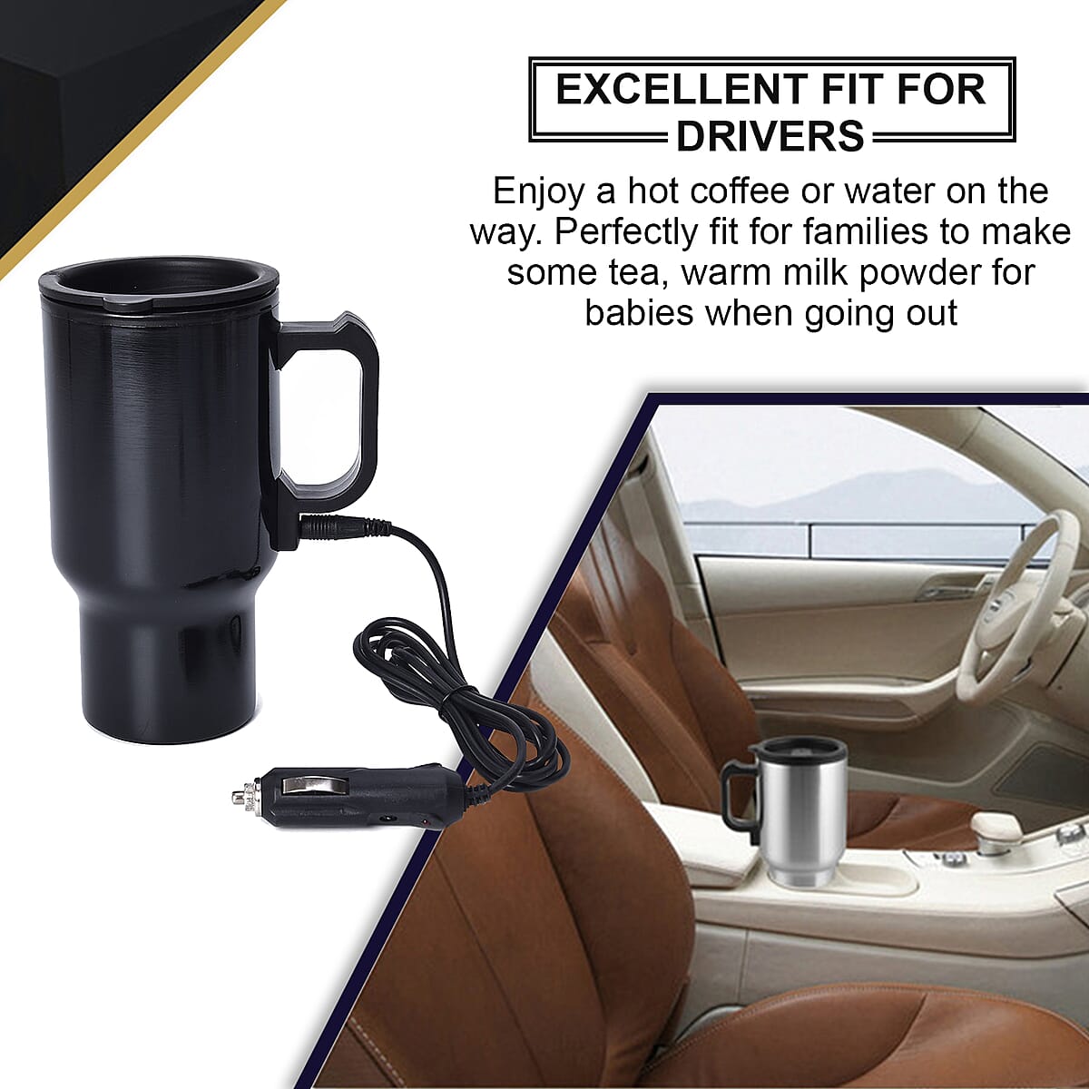 Heated Mug with 12V Car Adapter in Stainless Steel -Black 16 oz image number 4
