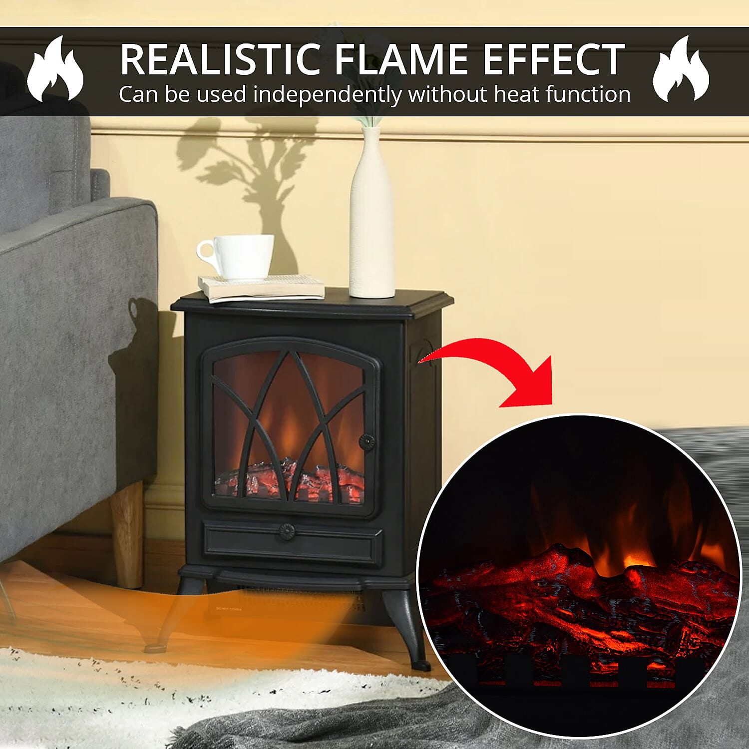 Black Fireplace Space Heater 750W/1500W