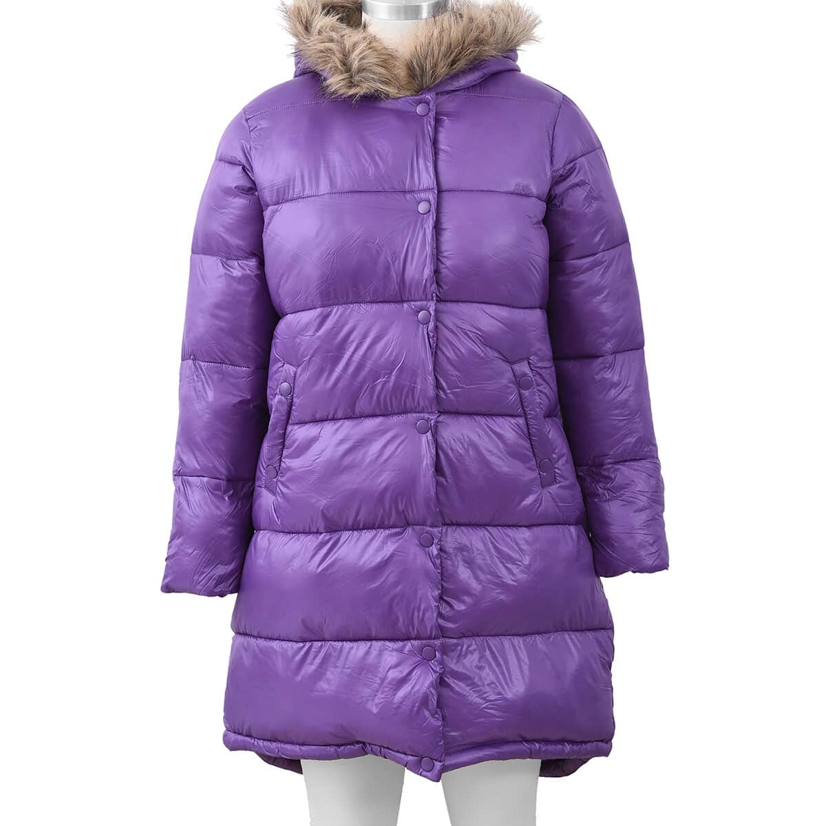 Purple Women's Puffer Jacket with Faux Fur Hood and Pockets - L (Nylon/Polyester) image number 0