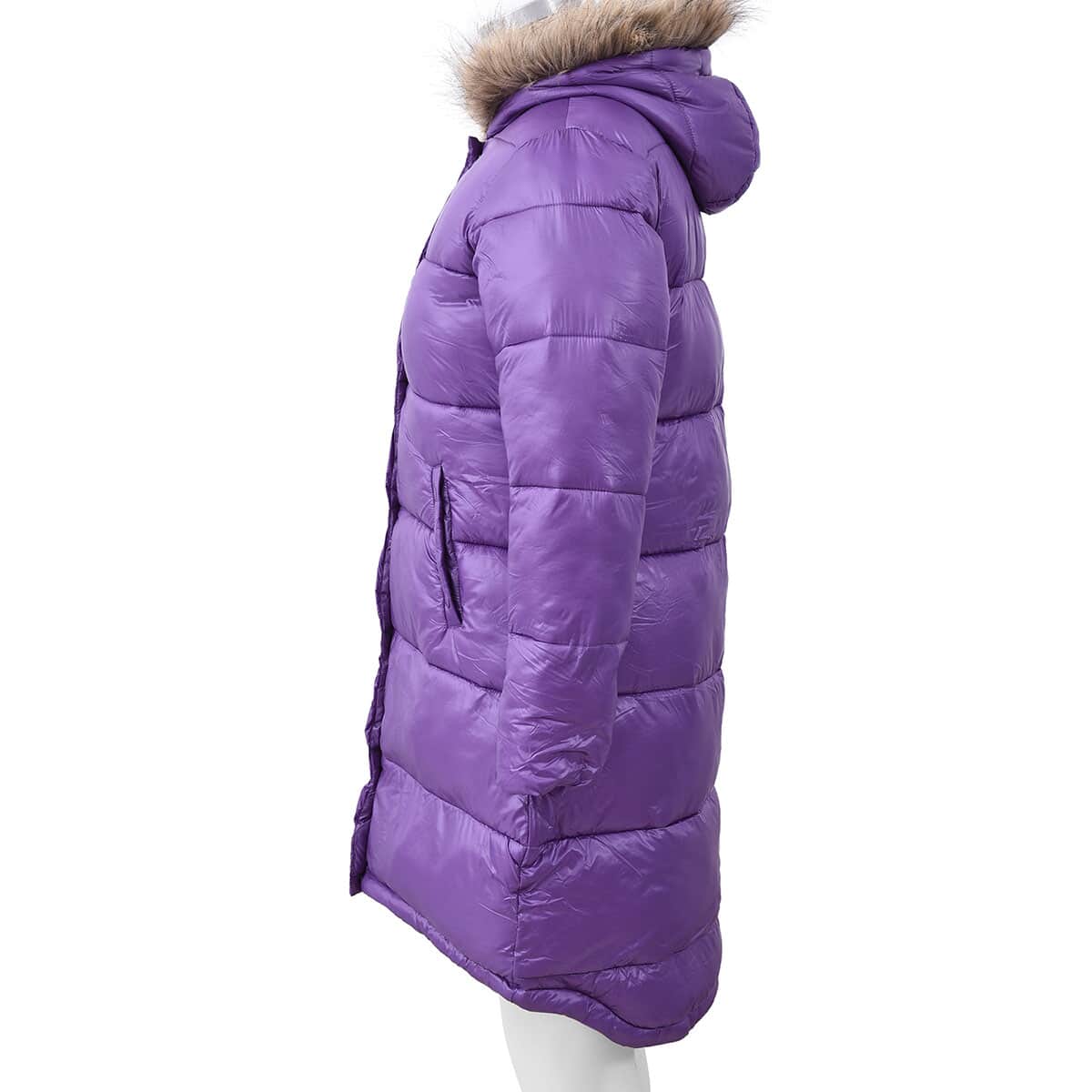 Purple Women's Puffer Jacket with Faux Fur Hood and Pockets - L (Nylon/Polyester) image number 2
