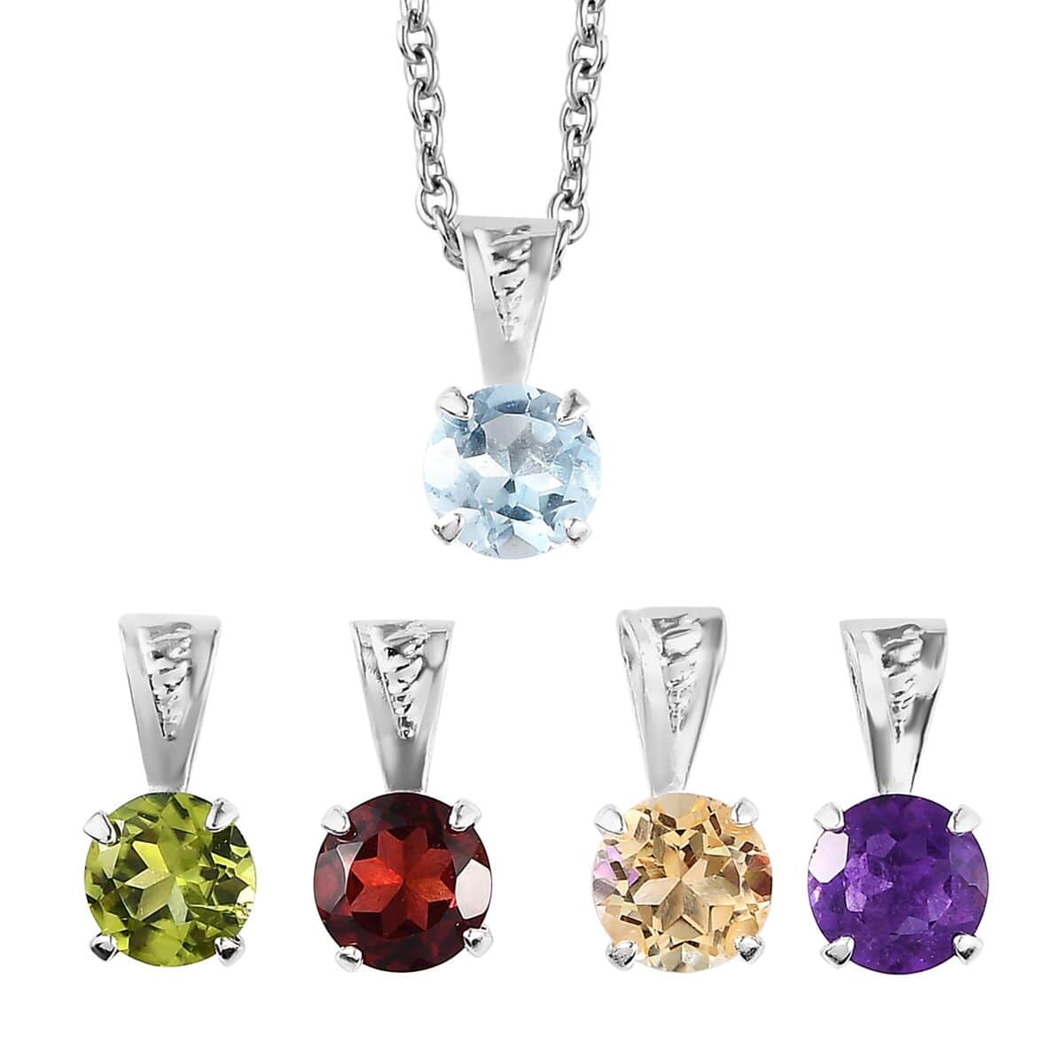 Set of 5 Multi Gemstone Pendants with Necklace 20 Inches in Sterling Silver & Stainless Steel 4.25 ctw image number 0
