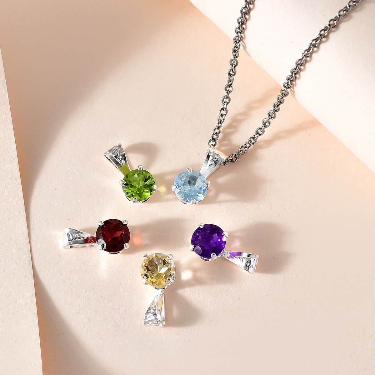 Set of 5 Multi Gemstone Pendants with Necklace 20 Inches in Sterling Silver & Stainless Steel 4.25 ctw image number 1