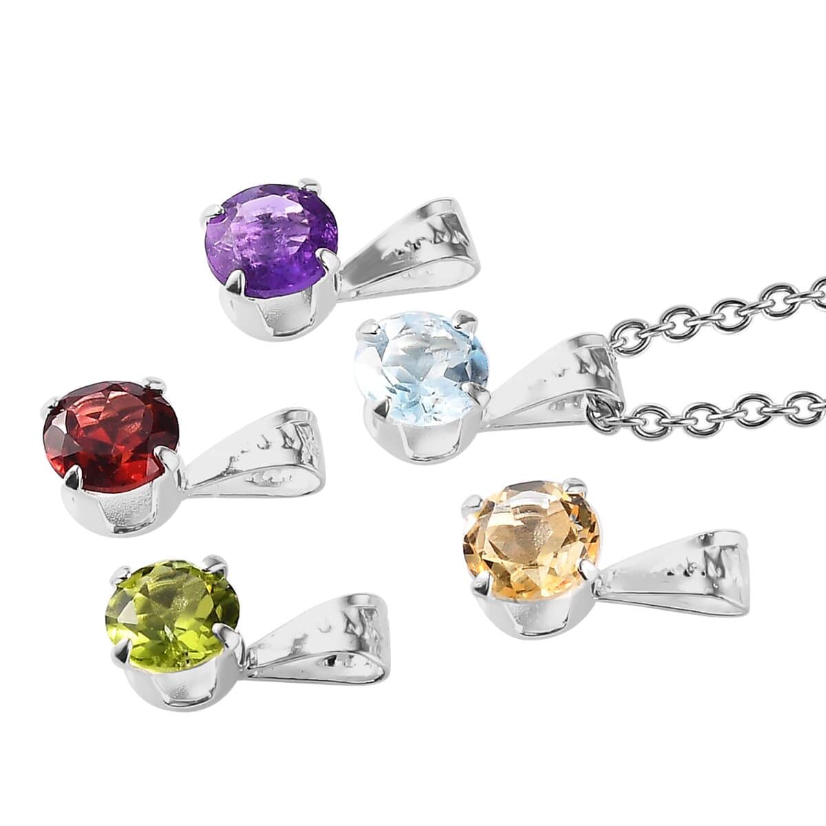 Set of 5 Multi Gemstone Pendants with Necklace 20 Inches in Sterling Silver & Stainless Steel 4.25 ctw image number 3