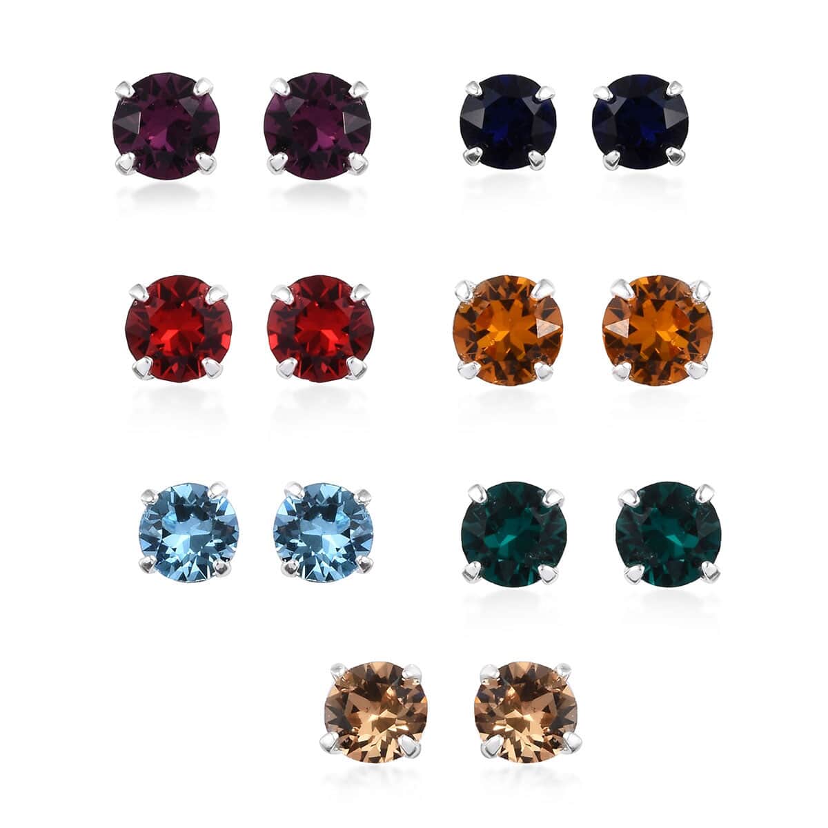 Multi Color Crystal Set of 7 Stud Earrings in Sterling Silver image number 0