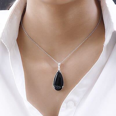 D'Joy Black Onyx 20.00 ctw Pendant in Sterling Silver with Stainless Steel Necklace (20 Inches)
