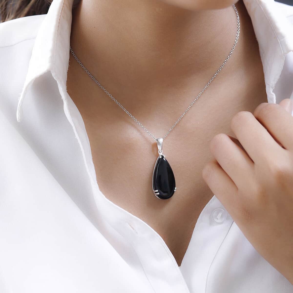 Black Onyx Pendant Necklace 20 Inches in Sterling Silver, Black Teardrop Pendant Necklaces for Women, Silver Boho Pendant - December Birthstone Necklace with Stainless Steel Chain 20 Inches 20.00 ctw image number 2