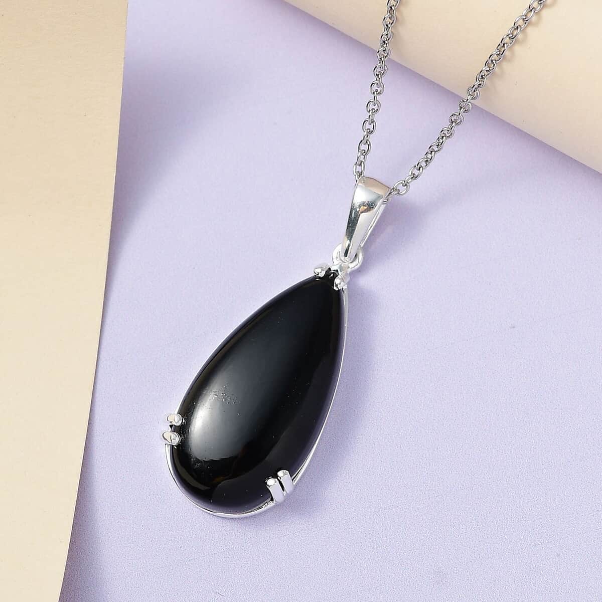 Black Onyx Pendant Necklace 20 Inches in Sterling Silver, Black Teardrop Pendant Necklaces for Women, Silver Boho Pendant - December Birthstone Necklace with Stainless Steel Chain 20 Inches 20.00 ctw image number 3
