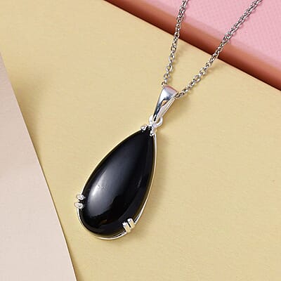 D'Joy Black Onyx 20.00 ctw Pendant in Sterling Silver with Stainless Steel Necklace (20 Inches)