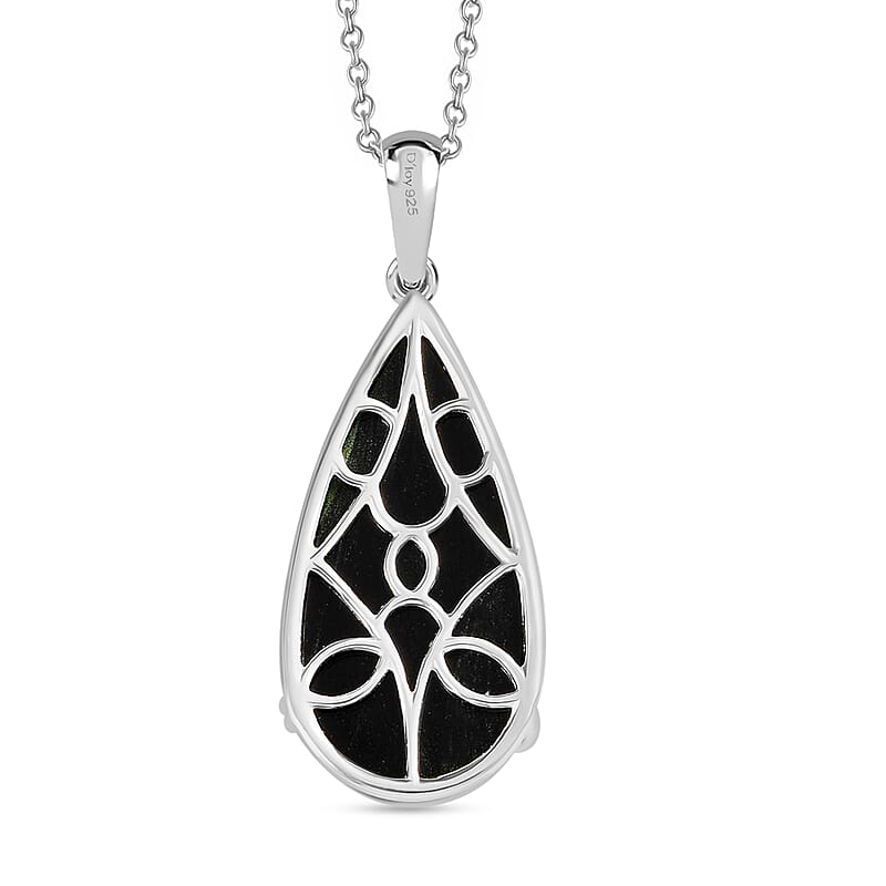 D'Joy Black Onyx 20.00 ctw Pendant in Sterling Silver with Stainless Steel Necklace (20 Inches)