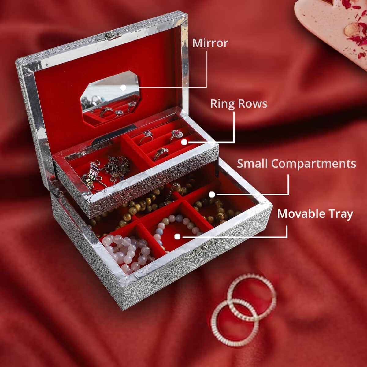 Aluminium Oxidized Elephant Family Embossed Movable Tray Jewelry Box image number 1