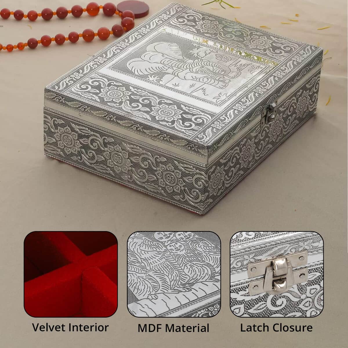Aluminium Oxidized Elephant Family Embossed Movable Tray Jewelry Box image number 2