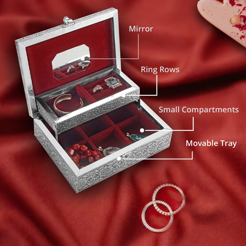 Aluminium Oxidized Dog Family Embossed Movable Tray Portable Jewelry Box for Women | Briefcase Style Jewelry Box | Jewelry Holder | Jewelry Storage | Jewelry Organizer