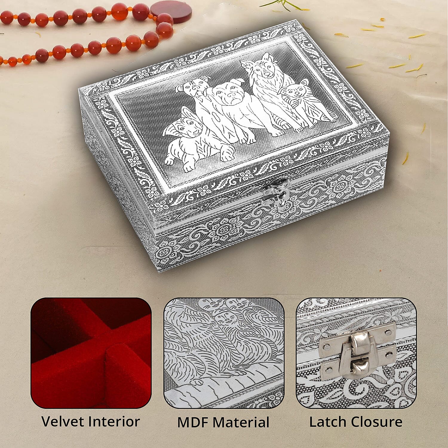 Aluminium Oxidized Dog Family Embossed Movable Tray Portable Jewelry Box for Women | Briefcase Style Jewelry Box | Jewelry Holder | Jewelry Storage | Jewelry Organizer