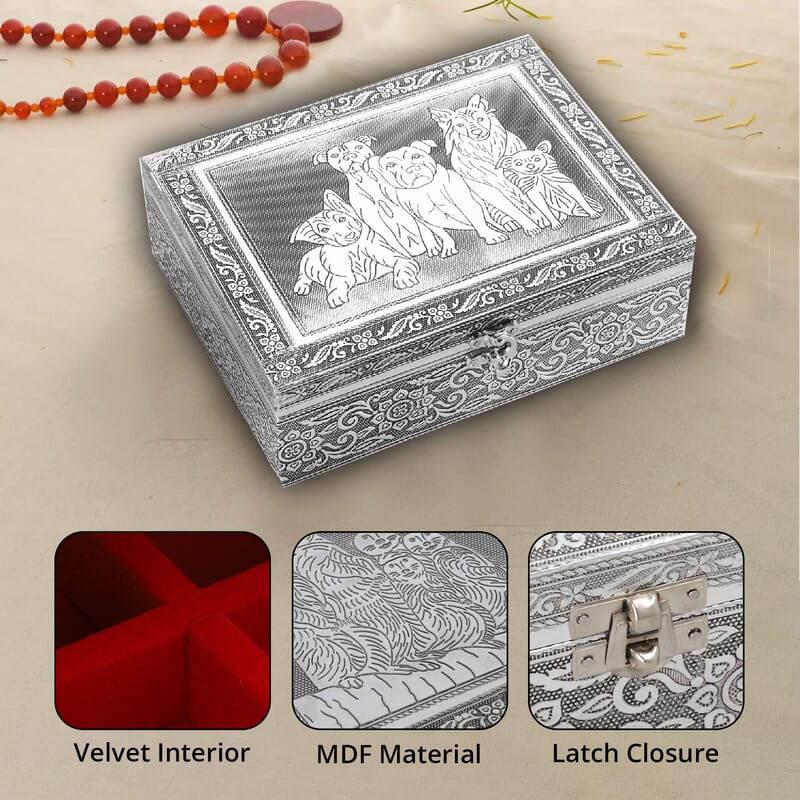 Aluminium Oxidized Dog Family Embossed Movable Tray Portable Jewelry Box for Women | Briefcase Style Jewelry Box | Jewelry Holder | Jewelry Storage | Jewelry Organizer