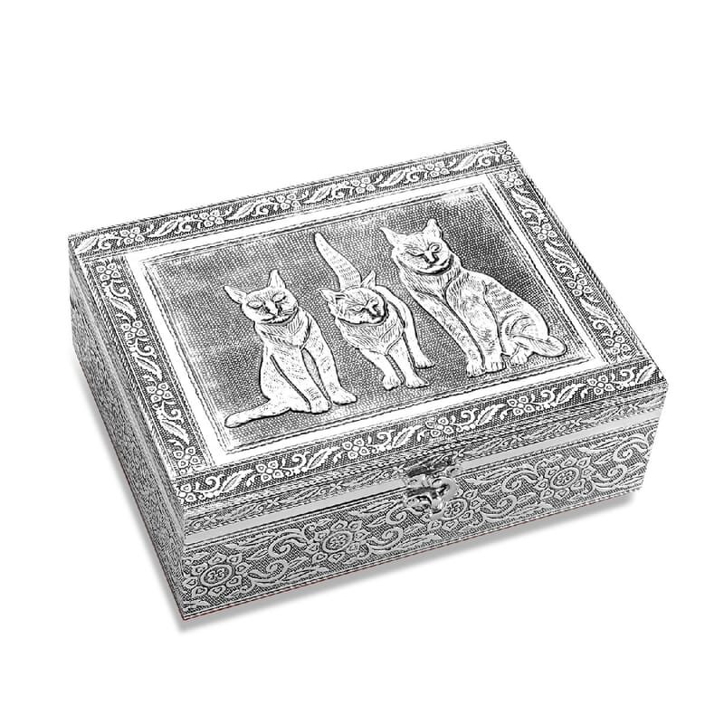 Aluminium Oxidized Cat Family Embossed Movable Tray Portable Jewelry Box for Women | Briefcase Style Jewelry Box | Jewelry Holder | Jewelry Storage | Jewelry Organizer