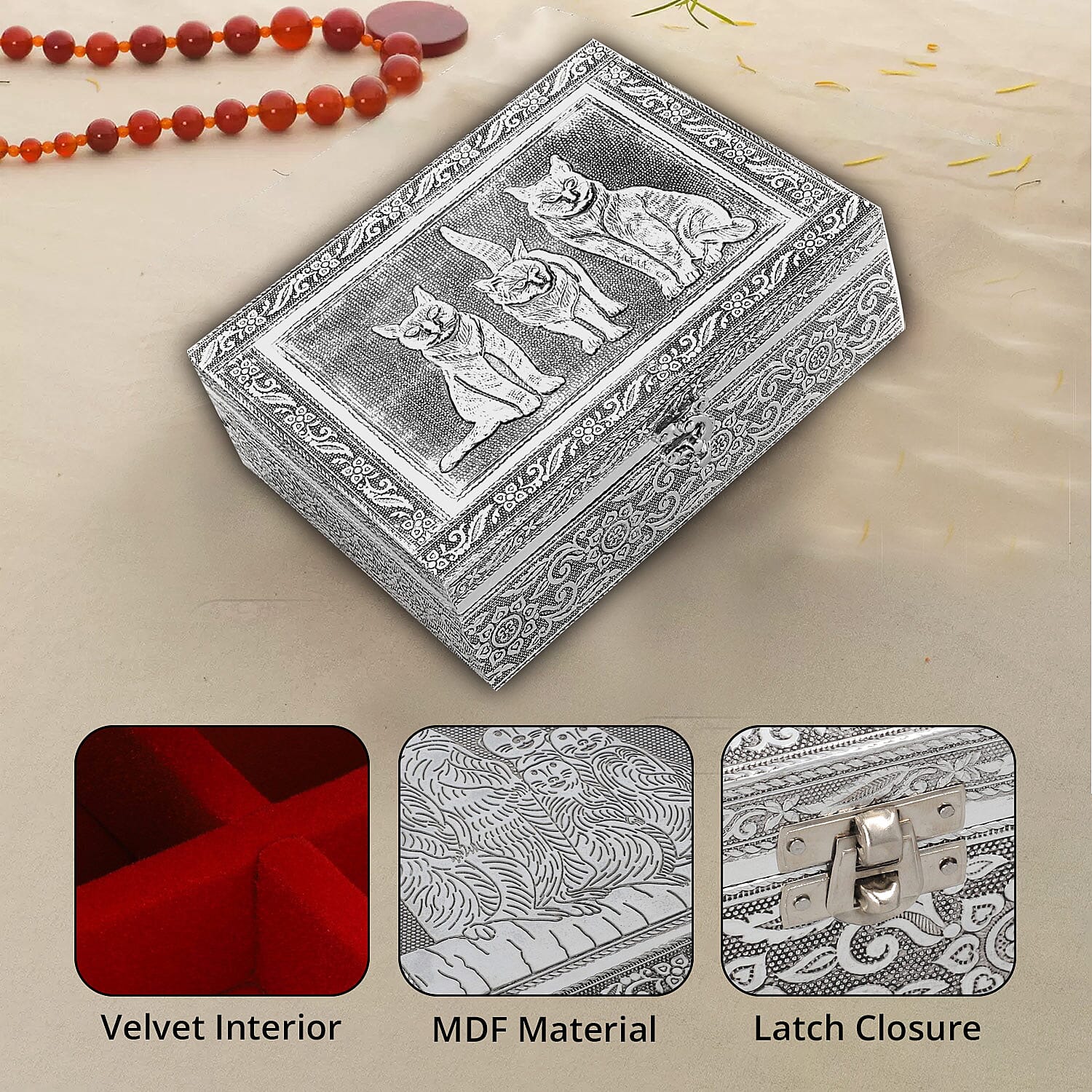 Aluminium Oxidized Cat Family Embossed Movable Tray Portable Jewelry Box for Women | Briefcase Style Jewelry Box | Jewelry Holder | Jewelry Storage | Jewelry Organizer