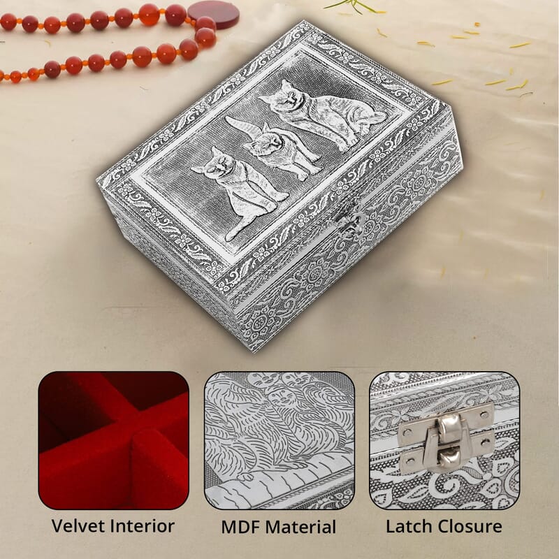 Aluminium Oxidized Cat Family Embossed Movable Tray Portable Jewelry Box for Women | Briefcase Style Jewelry Box | Jewelry Holder | Jewelry Storage | Jewelry Organizer