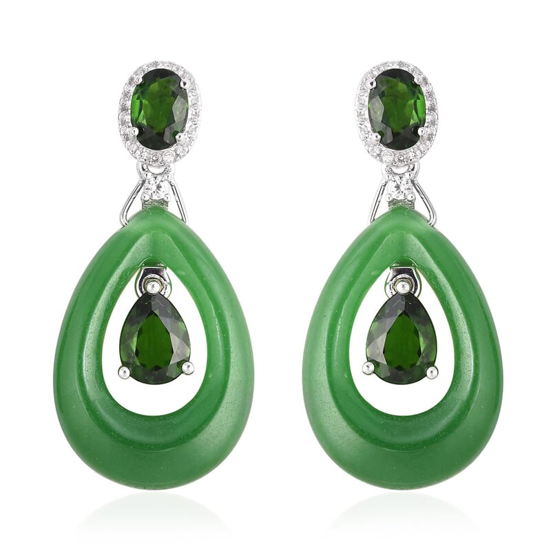 Green Jade (D), Multi Gemstone Inner Drop Earrings in Sterling Silver 31.40 ctw