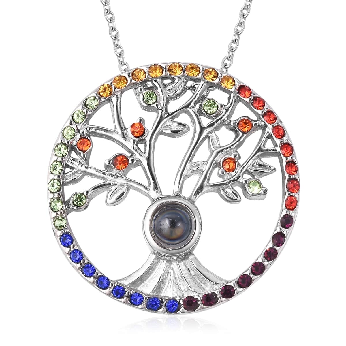 Multi Color Austrian Crystal Hidden Message Tree of Life Pendant Necklace 20 Inches in Stainless Steel image number 0