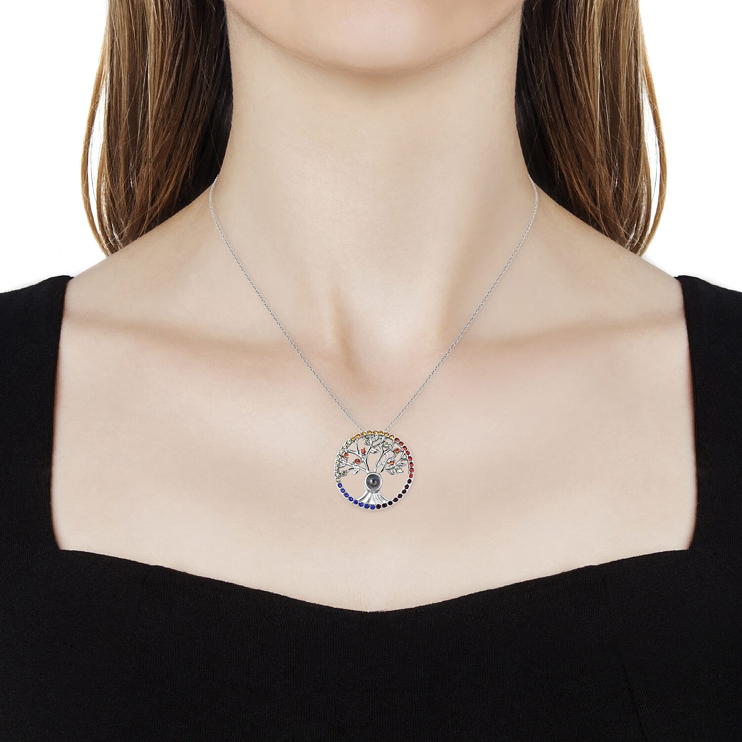 Multi Color Austrian Crystal Hidden Message Tree of Life Pendant Necklace 20 Inches in Stainless Steel