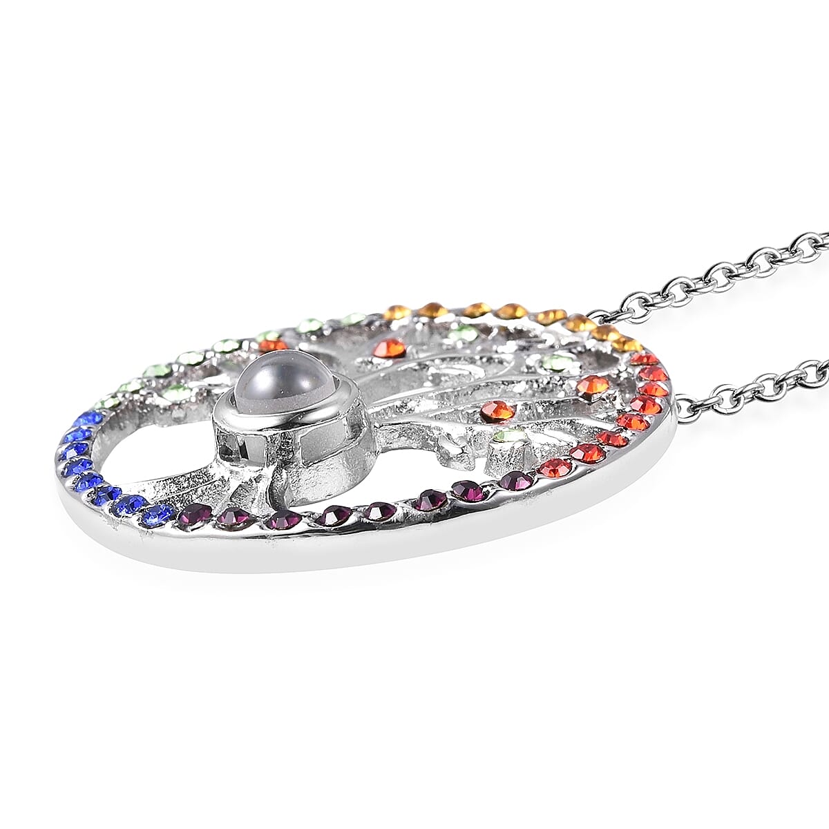 Multi Color Austrian Crystal Hidden Message Tree of Life Pendant Necklace 20 Inches in Stainless Steel