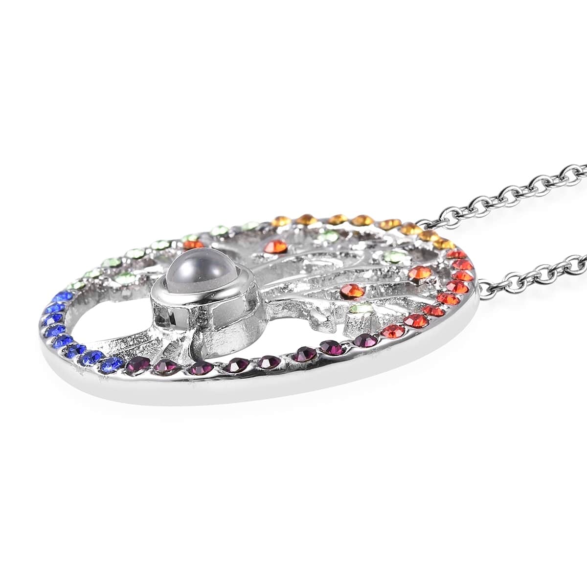 Multi Color Austrian Crystal Hidden Message Tree of Life Pendant Necklace 20 Inches in Stainless Steel image number 3