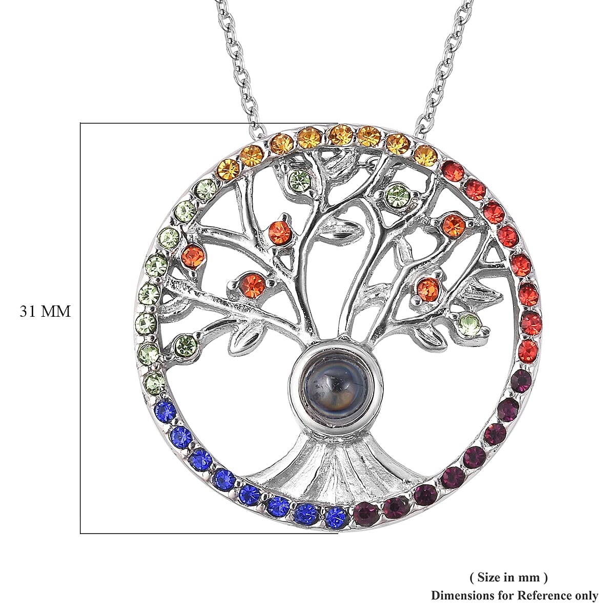 Multi Color Austrian Crystal Hidden Message Tree of Life Pendant Necklace 20 Inches in Stainless Steel