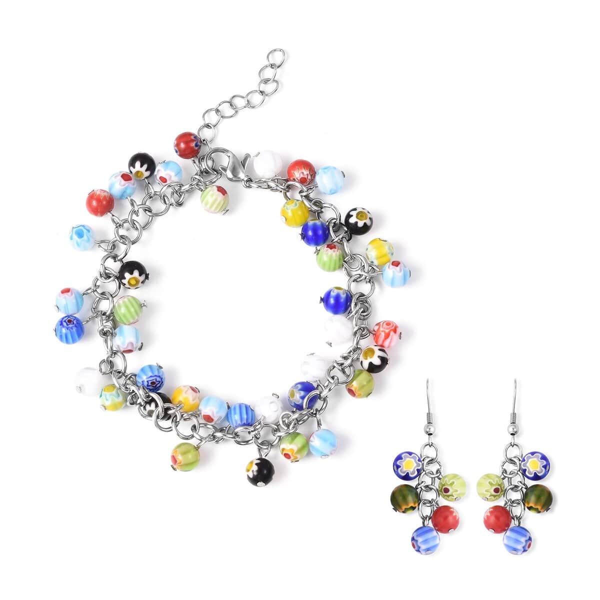 Multi Color Murano Style Bracelet (Adjustable) and Earrings in Stainless Steel image number 0