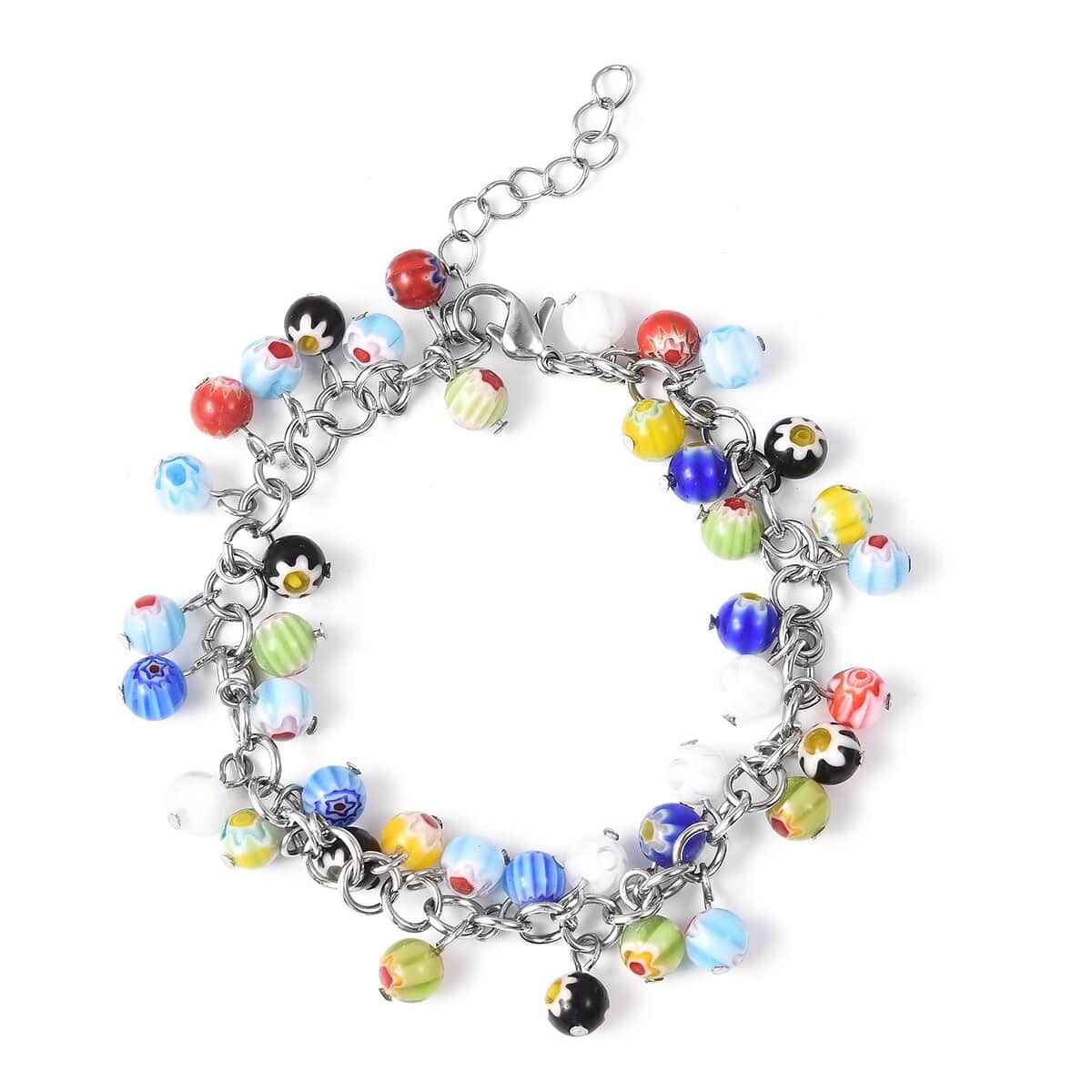 Multi Color Murano Style Bracelet (Adjustable) and Earrings in Stainless Steel image number 1