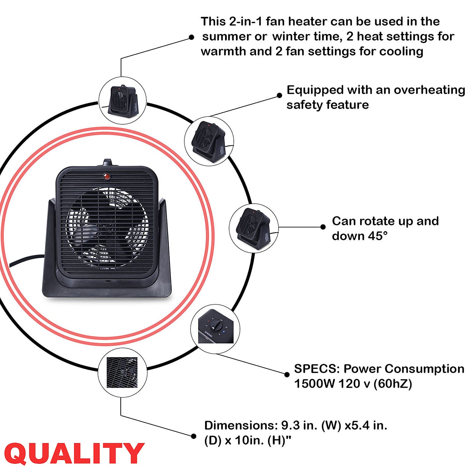 Homesmart 2 in 1 Heater Fan- Black