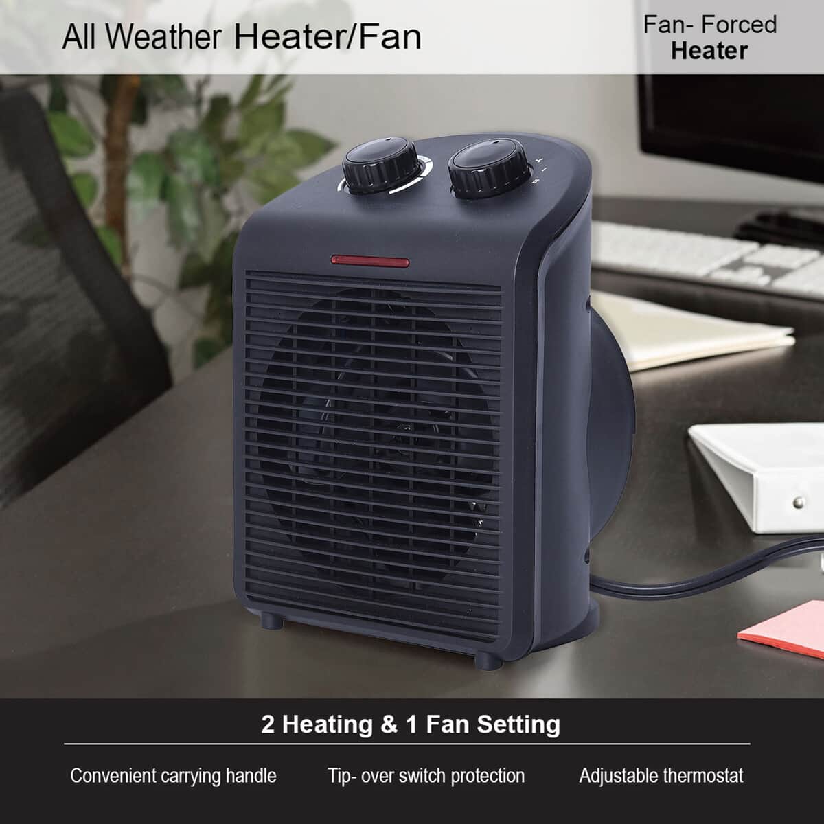 Homesmart Portable, Electric, Black 2 in 1 All Weather, Heater Fan Combo Unit, Automatic Thermostat Control, 2 Temperature, and Speed Setting image number 1