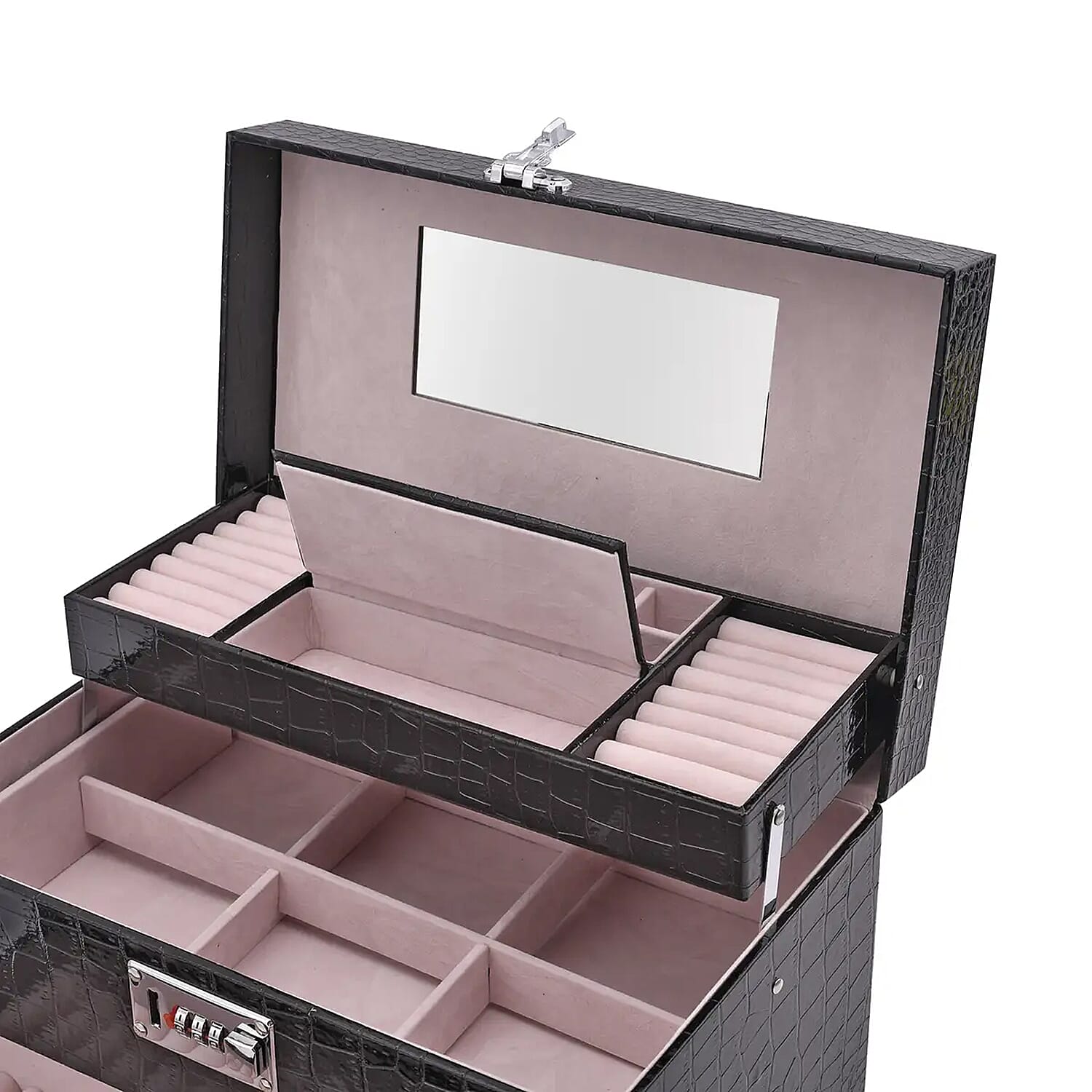 Black Crocodile Embossed Faux Leather Convertible Jewelry Box with Padlock, Jewelry Storage Box for Women, Jewelry Case, Jewelry Organizer