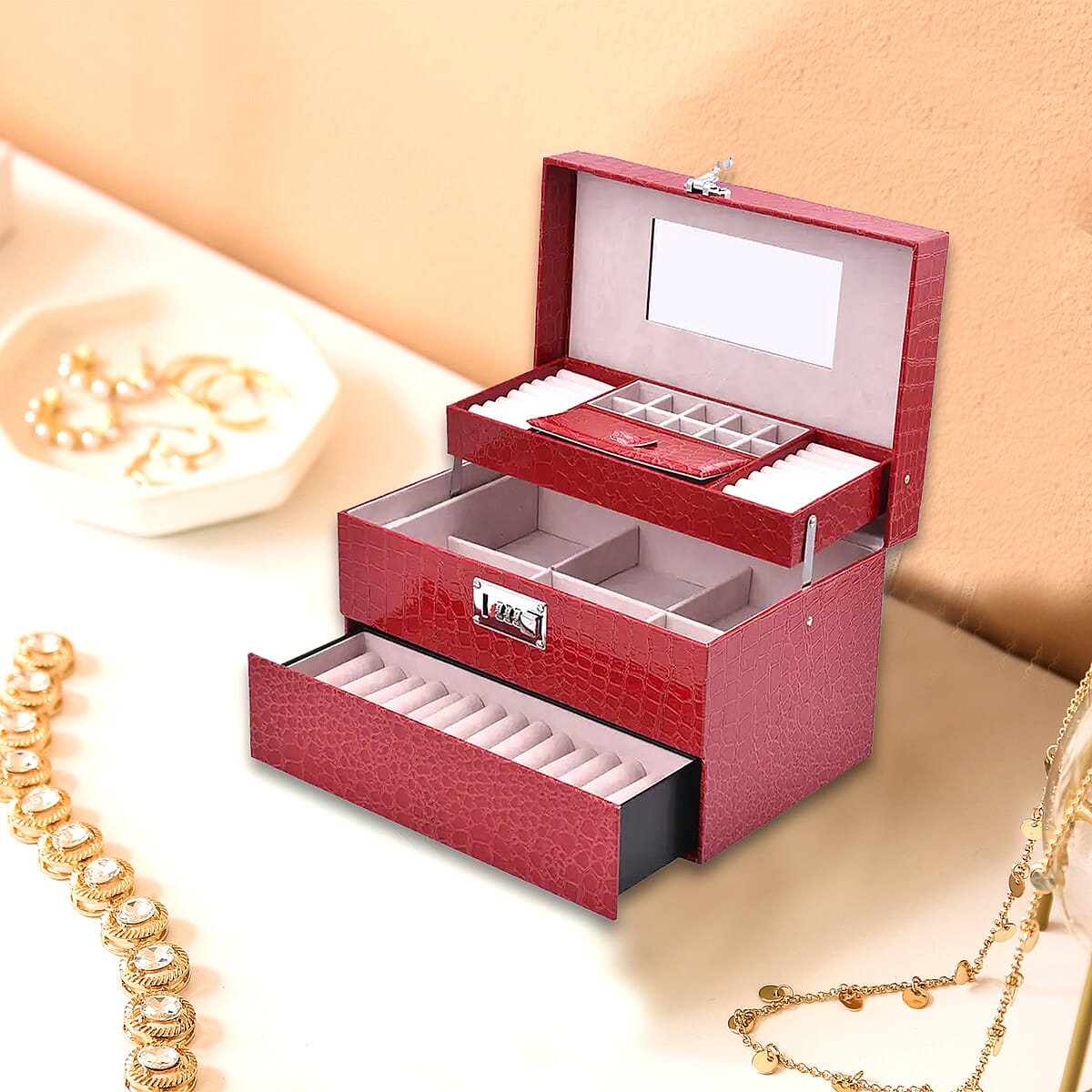 Burgundy Crocodile Embossed Faux Leather Convertible Jewelry Box with Padlock, Jewelry Storage Box for Women, Jewelry Case, Jewelry Organizer image number 1