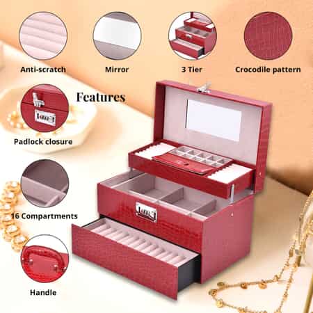 Buy Pink Crocodile Skin Pattern 2 Layer Jewelry Box with Mirror & Lock ,  Jewelry Storage Box for Women , Jewelry Case , Jewelry Organizer at ShopLC.