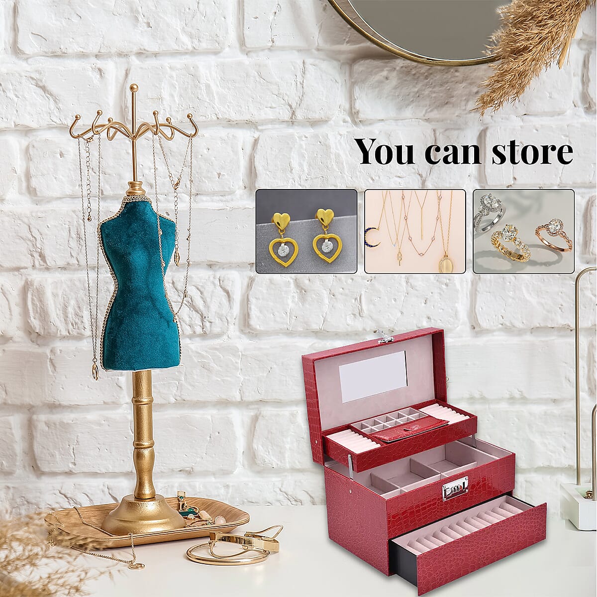 Burgundy Crocodile Embossed Faux Leather Convertible Jewelry Box with Padlock, Jewelry Storage Box for Women, Jewelry Case, Jewelry Organizer image number 3